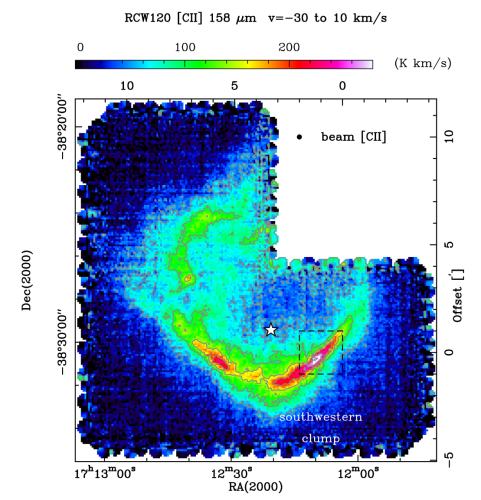 SOFIA/upGREAT map of line integrated [C II] emission in RCW120