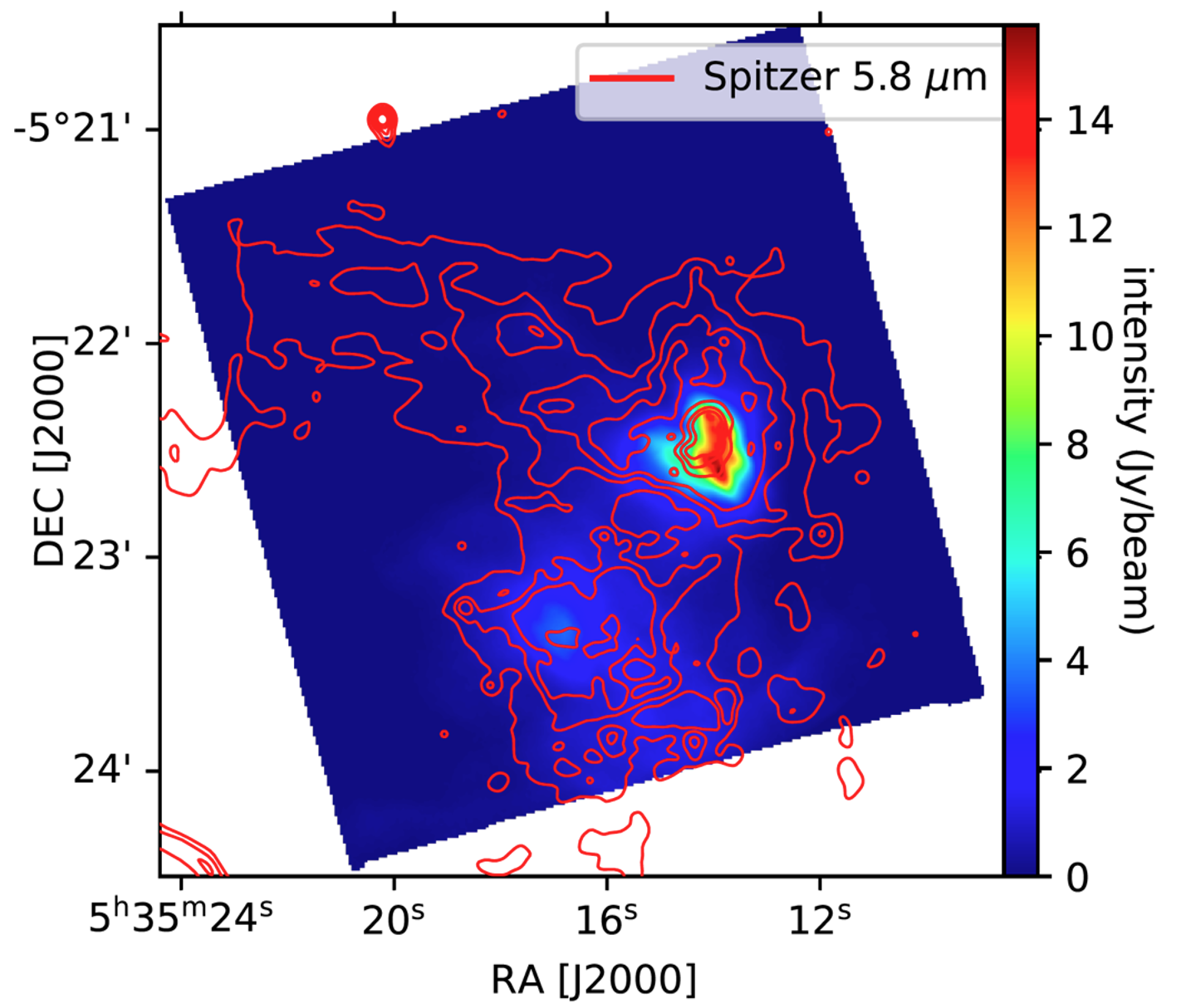 M42 HII region in Orion overlaid with Spitzer IRAC 3 contours