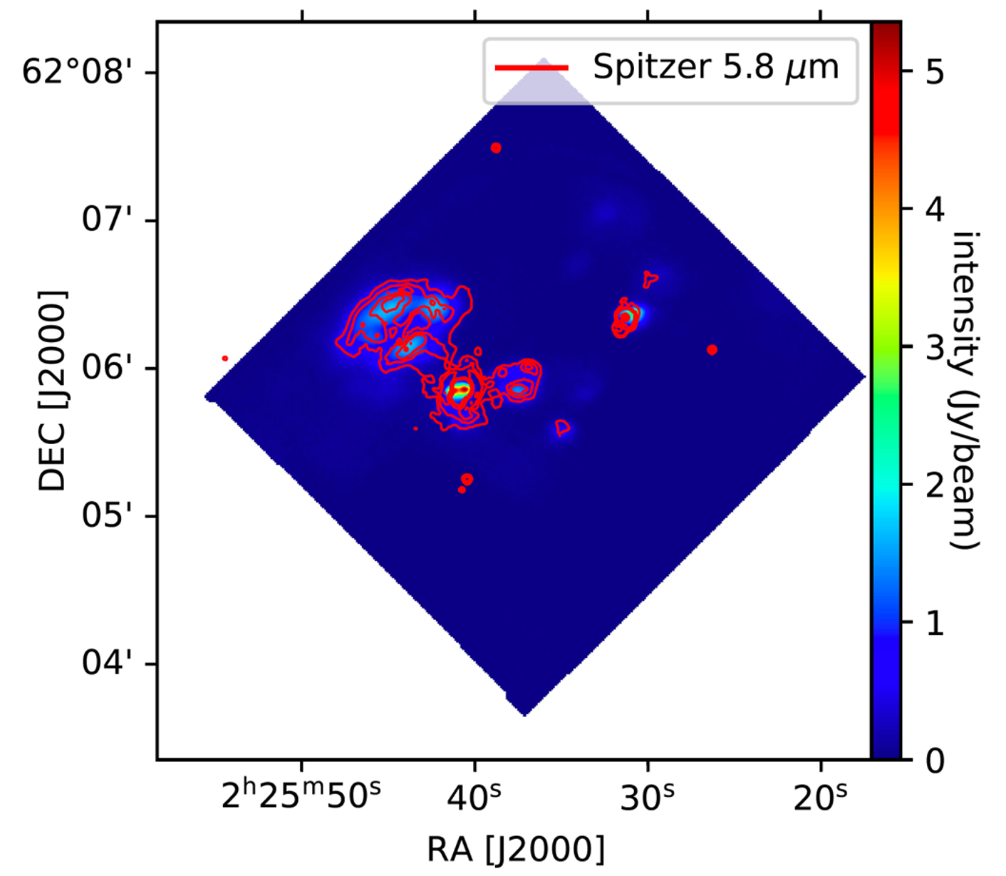 W3 HII region overlaid with the Spitzer IRAC 3 contours