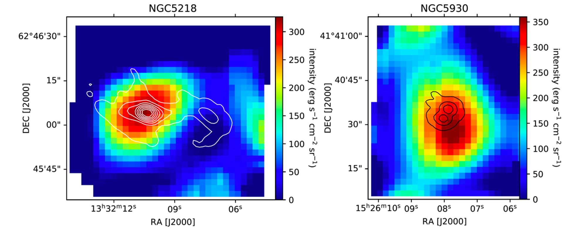 The [CII] integrated intensity, observed with FIFI-LS, overlaid with contours indicating the integrated CO emission, observed with CARMA, towards NGC 5218 (left) and NGC 5930 (right).