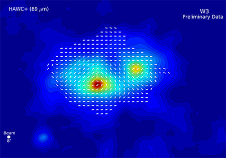 HAWC+ far-IR (89 μm) image and polarization map of the W3 star-forming region