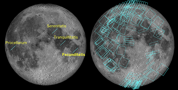 Image showing location of SOFIA observations on the Moon and location of craters