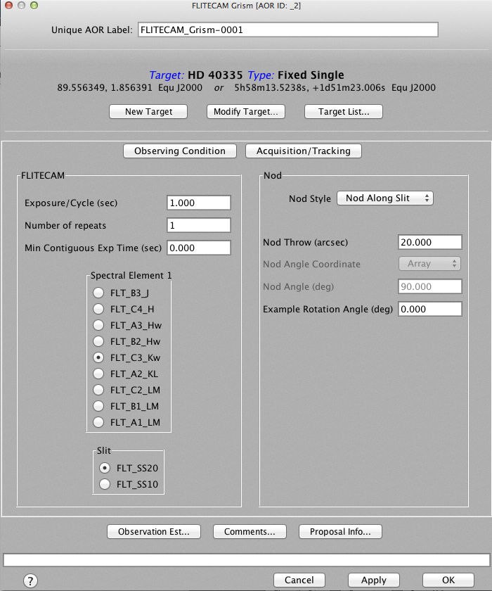 The AOR configuration for a FLITECAM spectroscopic observation