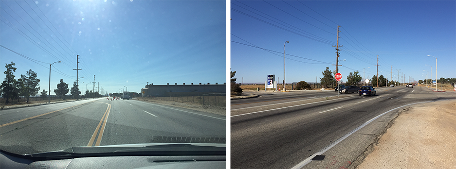 (Left) On Avenue P, coming up on the exit to the AFRC B703 facility; (Right) Exit to AFRC B703