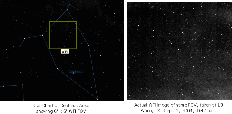Star chart of Cepheus area compared to actual WFI image of same FOV