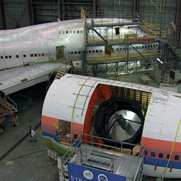 The aft section of a former United Air Lines 747SP used for testing