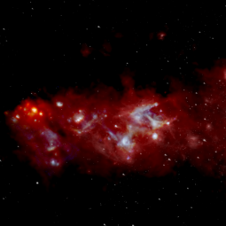 Composite infrared image of the center of our Milky Way galaxy centered on the Sgr B complex