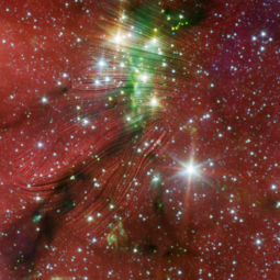 Magnetic fields observed by SOFIA shown as streamlines on a Spitzer image of Serpens South Cluster