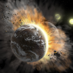Artist’s concept illustrating a catastrophic collision between two rocky exoplanets