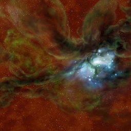 Star cluster forming from collision of molecular clouds surrounded by green atomic envelopes