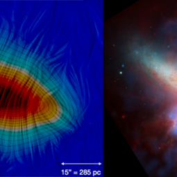 A view of the large-scale magnetic in the starburst galaxy M82 and multi-wavelength view of the galaxy.