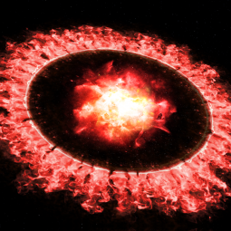 Illustration of Supernova 1987A as a blast wave passes outer ring destroying dust, which re-forms