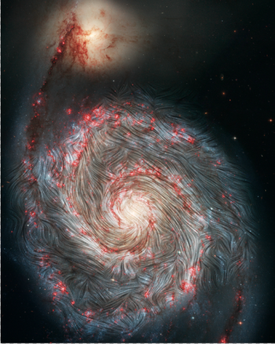 SOFIA magnetic field streamlines are shown over the Whirlpool galaxy