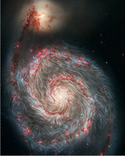 Magnetic field streamlines detected by SOFIA shown over an image of M51
