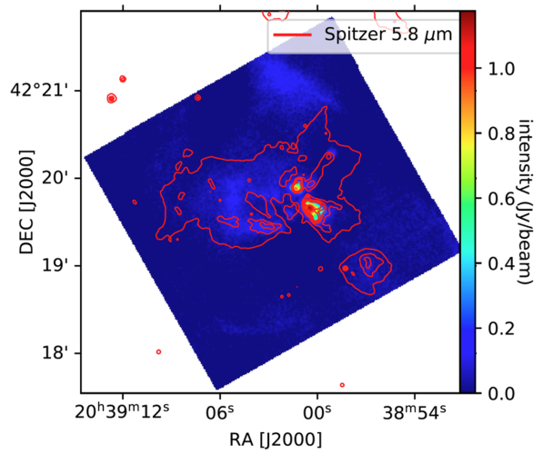 The 19.7 µm emission towards the DR21 HII region overlaid with the Spitzer IRAC 3 contours at 5.8 µm.
