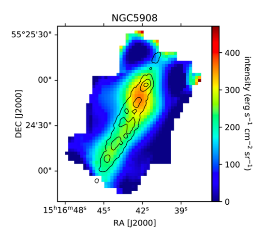 [CII] integrated intensity image of NGC 5908, observed with FIFI-LS, overlaid with contours of CO emission observed with CARMA