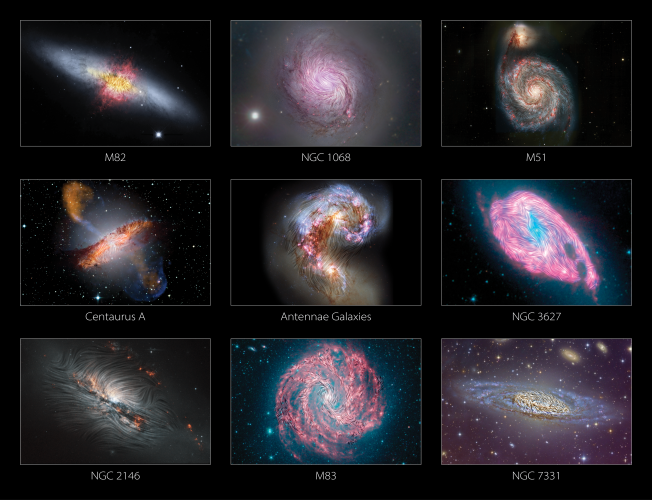 Collage showing 9 galaxies with streamlines from the SALSA program