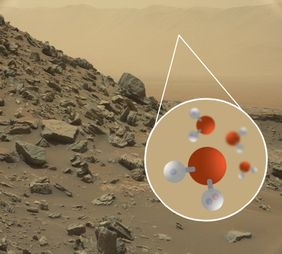 Image of a sloping hillside from the Mars Curiosity rover and an illustration of deuterated water molecules