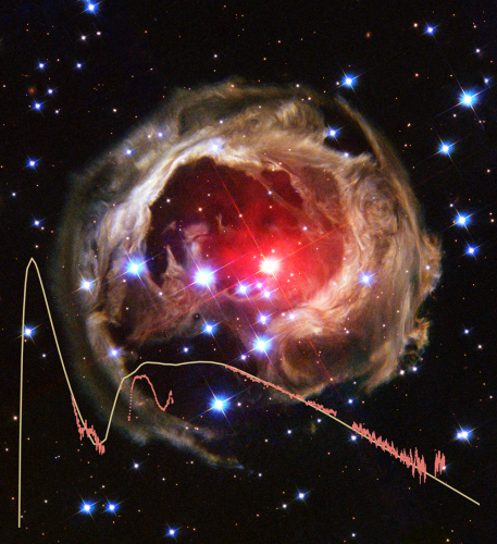 Image of V838 Mon with spectra overlaid