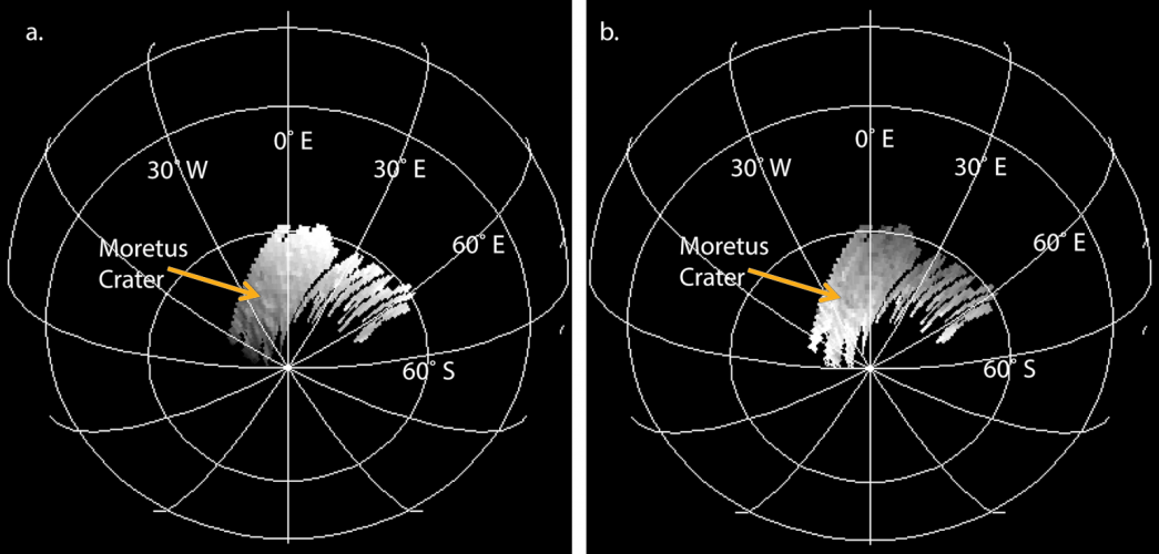 Diagrams showing Moretus crater with water