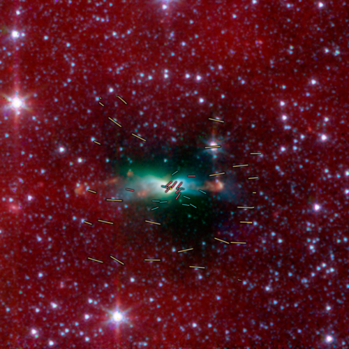 A subset of polarization vectors are overlain atop a Spitzer Space Telescope image of Lynds 483.