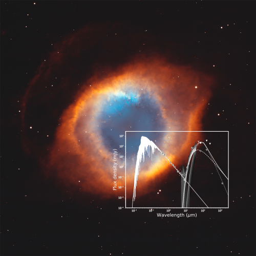 The spectral energy distribution of WD 2226-210 superposed on an image of the Helix Nebula from Hubble Space Telescope.