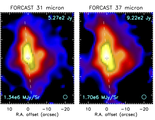 FORCAST images of G35 at wavelengths of 31 and 37 microns