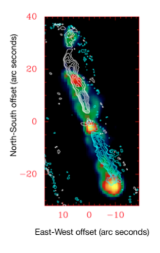 Map of Cepheus E showing jets of material flowing to the upper left and lower right