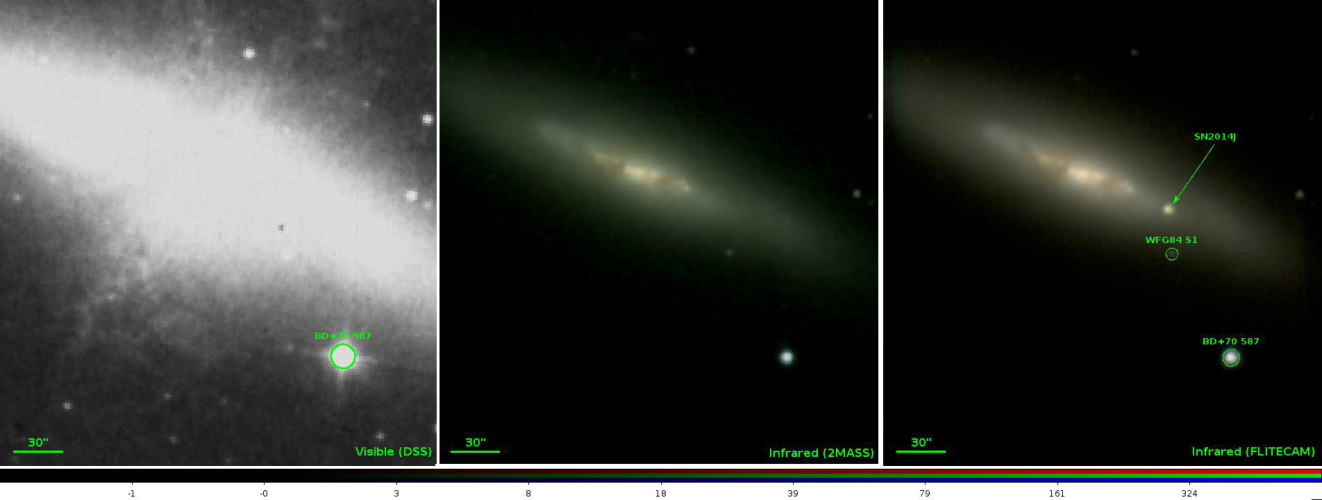 Three images of the central portions of galaxy M82 that include the position of Supernova 2014J