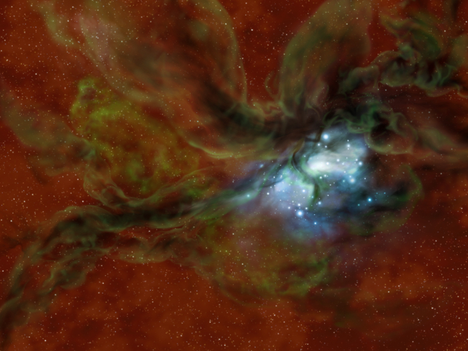 Star cluster forming from collision of molecular clouds surrounded by green atomic envelopes