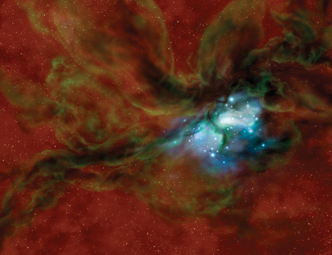 Artist impression of star cluster forming from the collision of molecular clouds