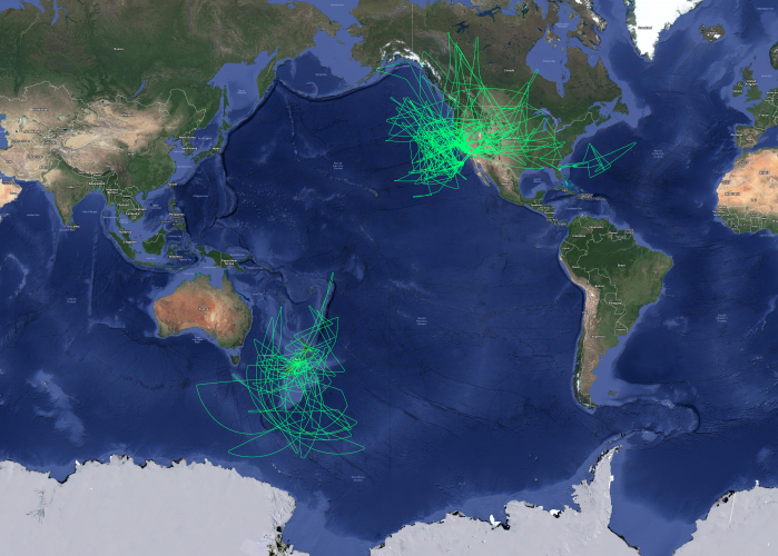 SOFIA 2017 flight paths overlaid on global map