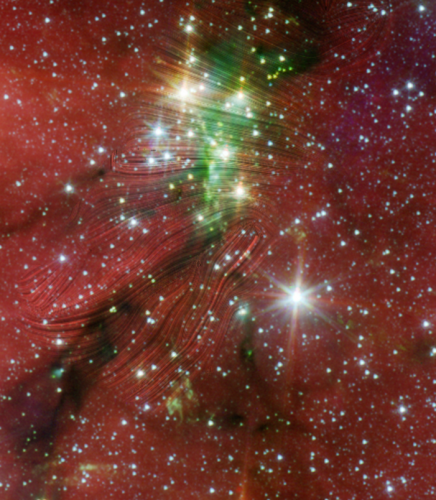 Magnetic fields observed by SOFIA shown as streamlines on a Spitzer image of Serpens South Cluster