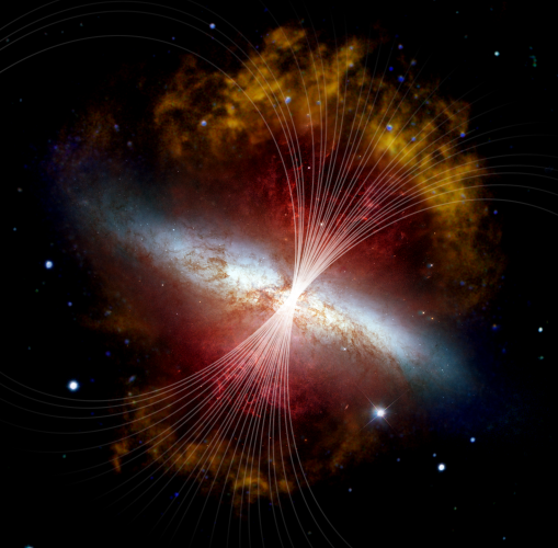 Magnetic fields in M82 are shown as lines over a visible light and infrared composite image