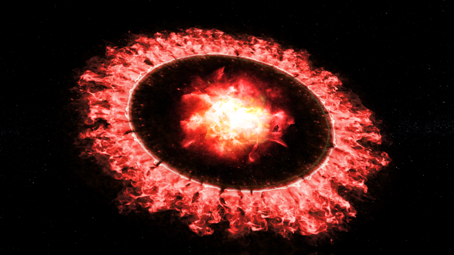 Illustration of Supernova 1987A as a blast wave passes outer ring destroying dust, which re-forms